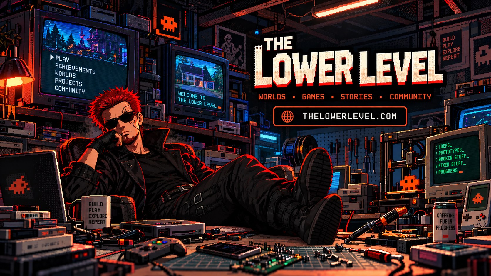 Pixel art of Zach leaning back in his basement full of old TVs, consoles and a 3D printer