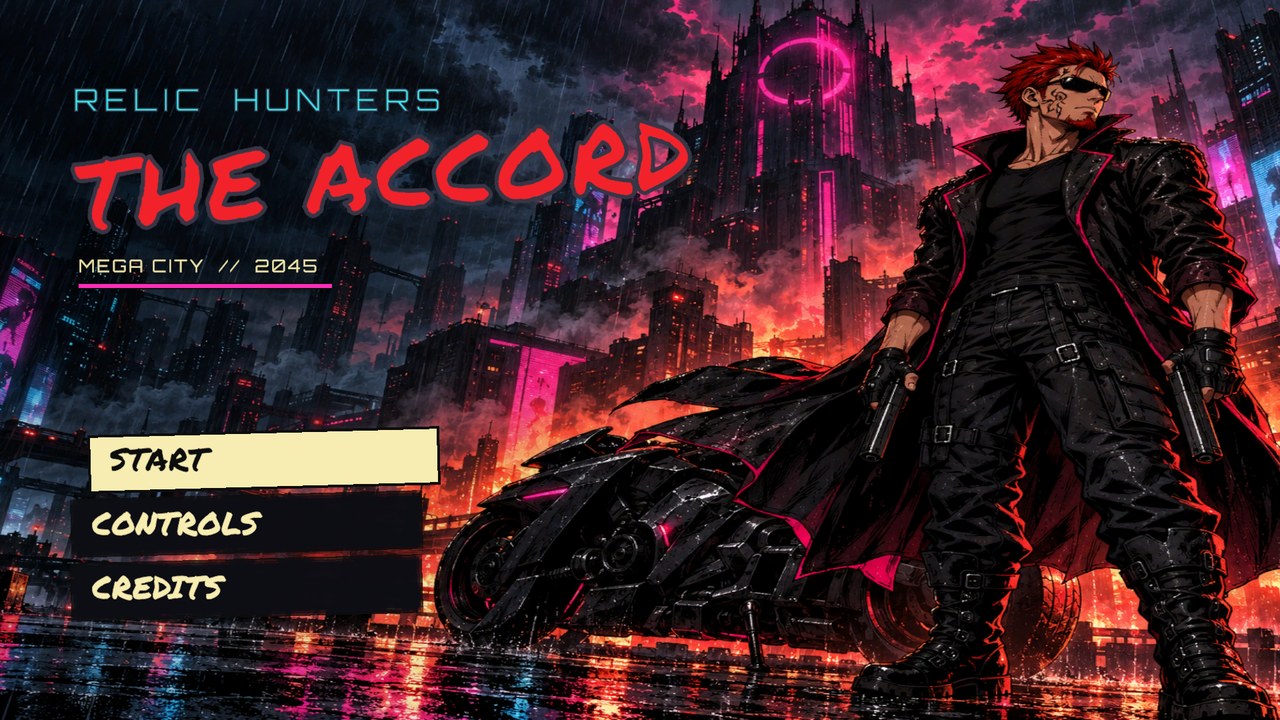 Relic Hunters: The Accord: The title screen in Unity: RELIC HUNTERS, THE ACCORD, MEGA CITY // 2045, with Start, Controls and Credits.