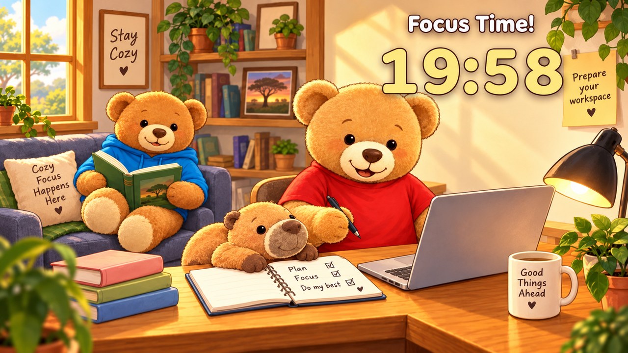 Pomodoro Maker: An example made with it: Pomodoro Bears, three AI-made bears in a cosy room with the countdown running.