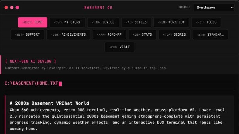 basementos.com: The basementos.com home page: a retro terminal window with the menu, the world summary and the project stats.