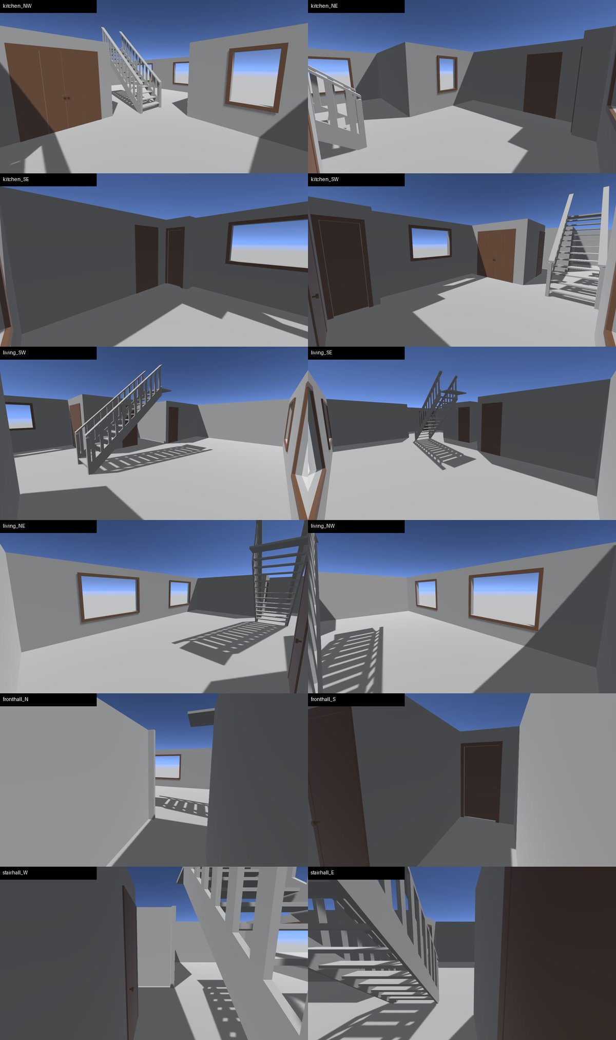 Cascade: Twelve room-corner views from inside Unity. Grey boxes, no textures yet.