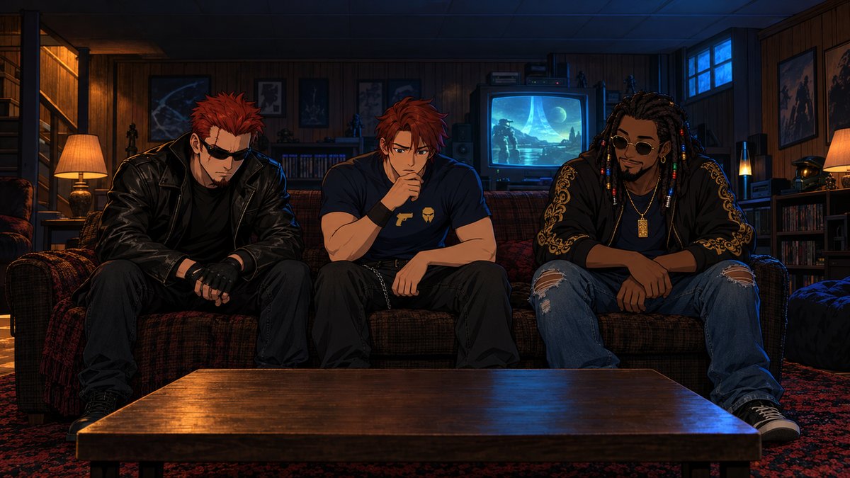 Lower Level: The Comic: Episode 1: Zach, Lexx and Bobby on the basement couch (AI-made art).