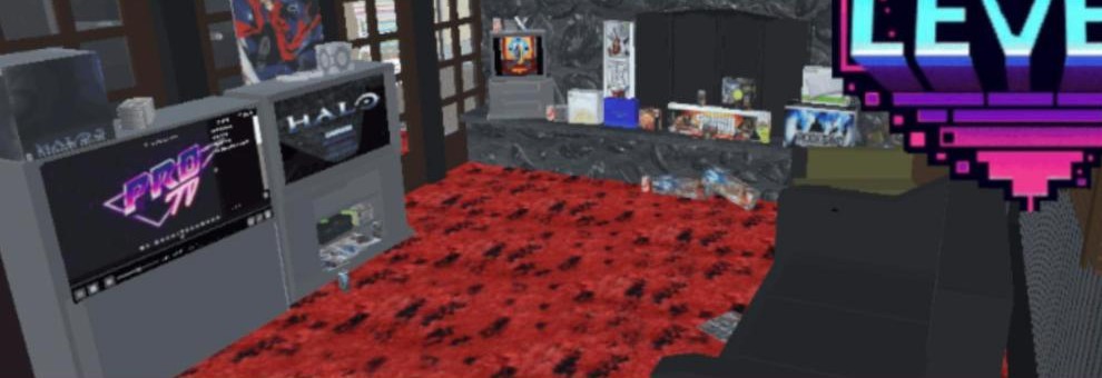 Lower Level 1.0: The basement in VRChat: red carpet, Halo on the TVs, a shelf of games and the neon LEVEL sign.