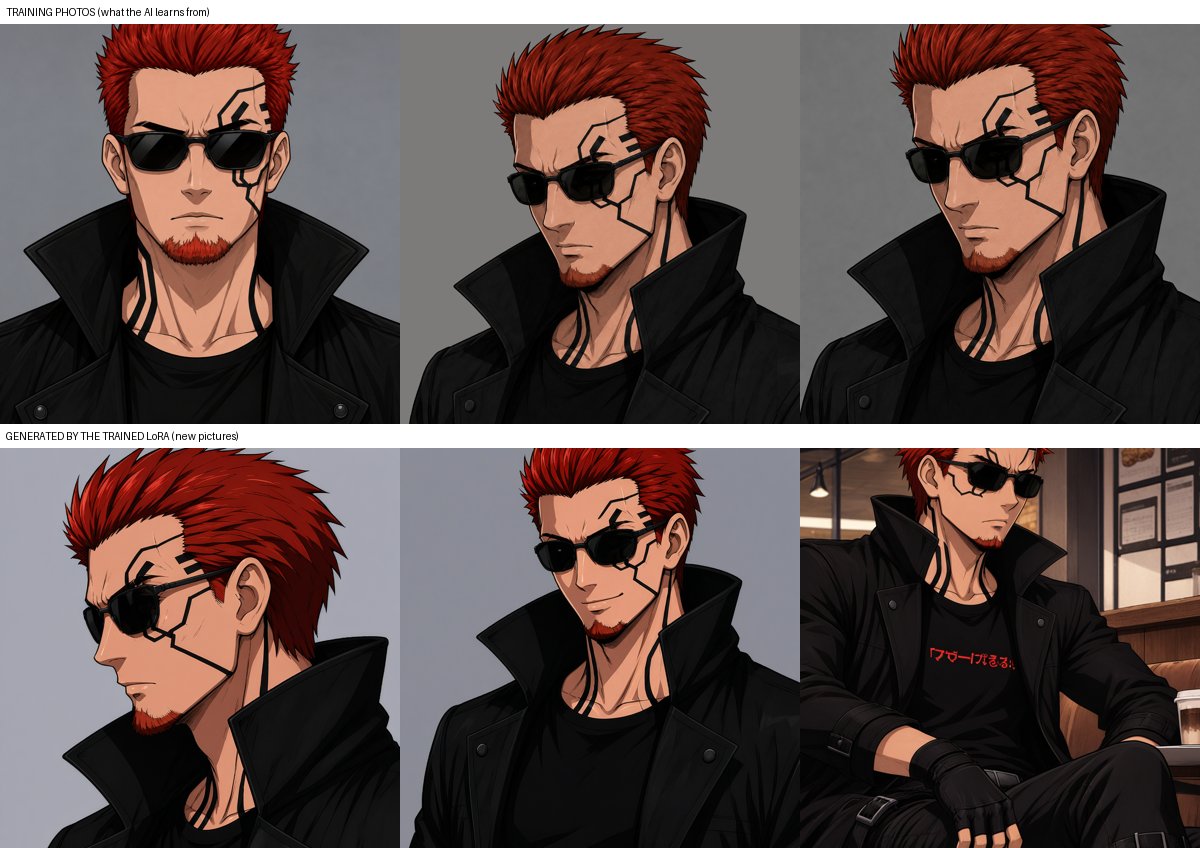 Character LoRA pipeline: Top: training photos. Bottom: images the trained model made. A composite I built for this page.