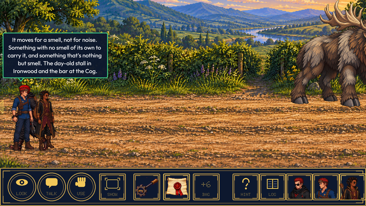 Mandatory Side Quest: Chapter one: the road to Millbrook Gate, with the verb buttons and inventory.
