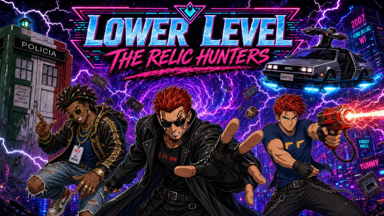 The Relic Hunters: The title screen: the three heroes in front of a time portal, with a police box and a flying DeLorean.