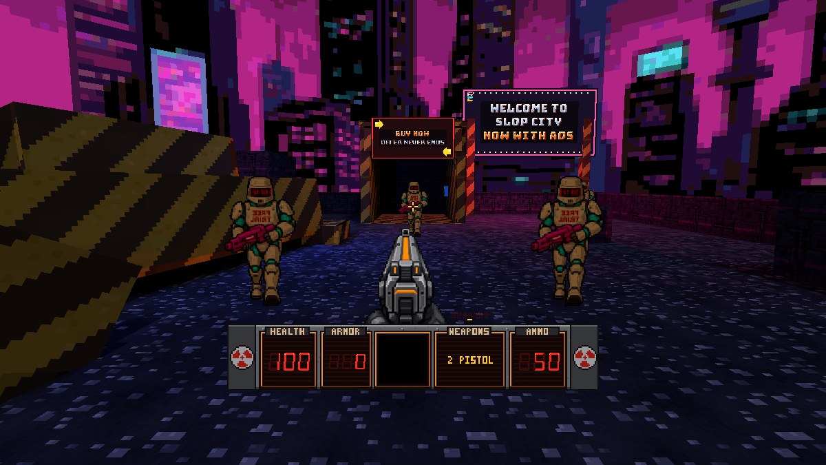 Relic Hunters: Slop City: The Crash Roof in VRChat: the WELCOME TO SLOP CITY, NOW WITH ADS sign, three Trial Troopers and the status bar along the bottom.